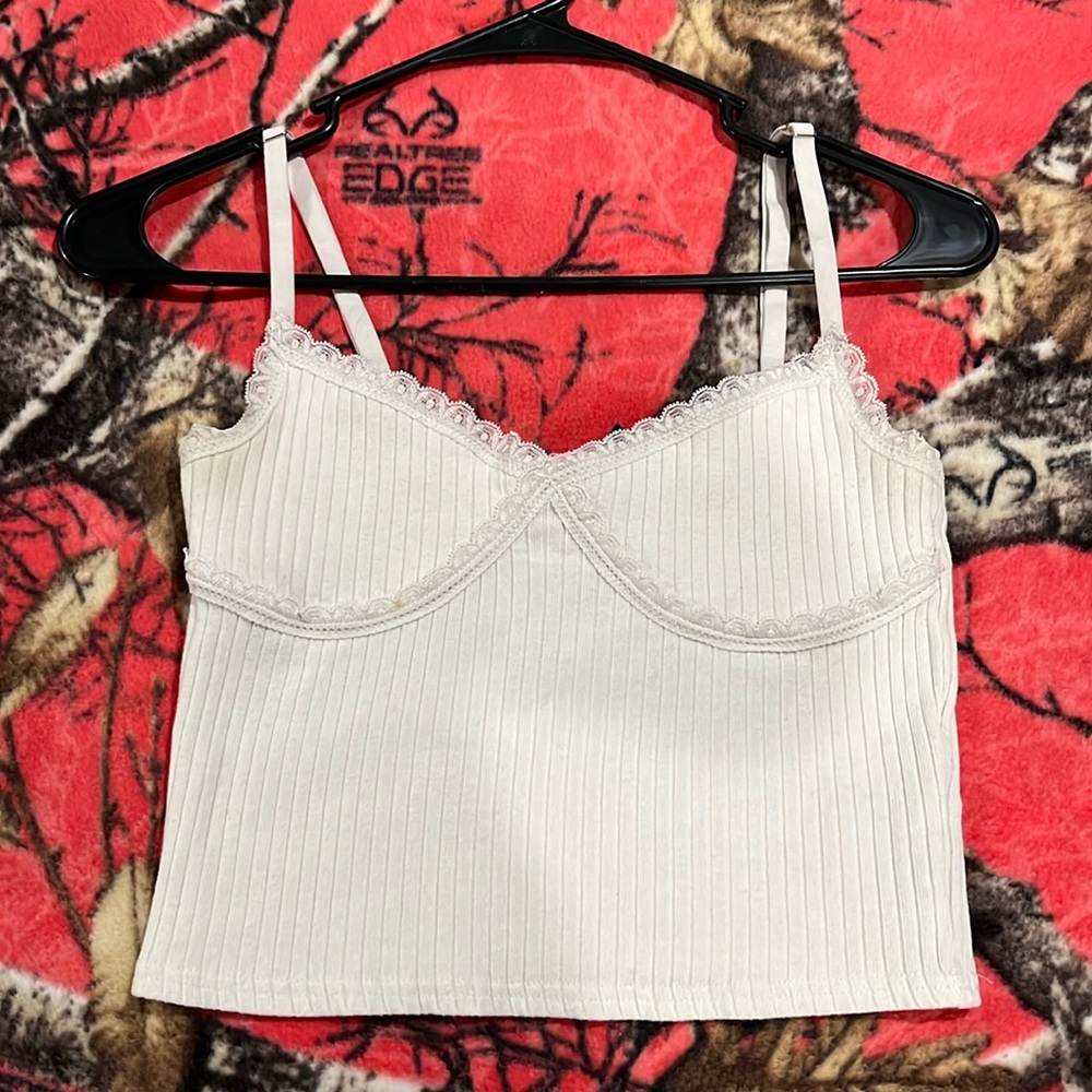 Forever 21 White Ribbed Lace Crop Top - Size Small